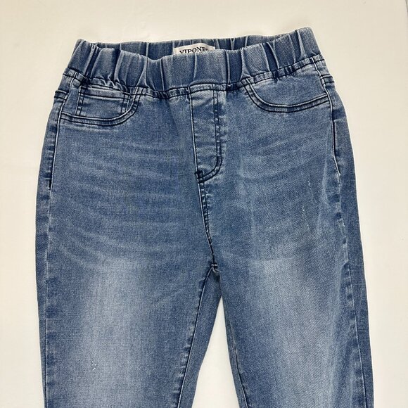 VIPONES Pull On Distressed Raw Hem Flare Women's size 6 Medium Blue Denim Jeans - Picture 2 of 4